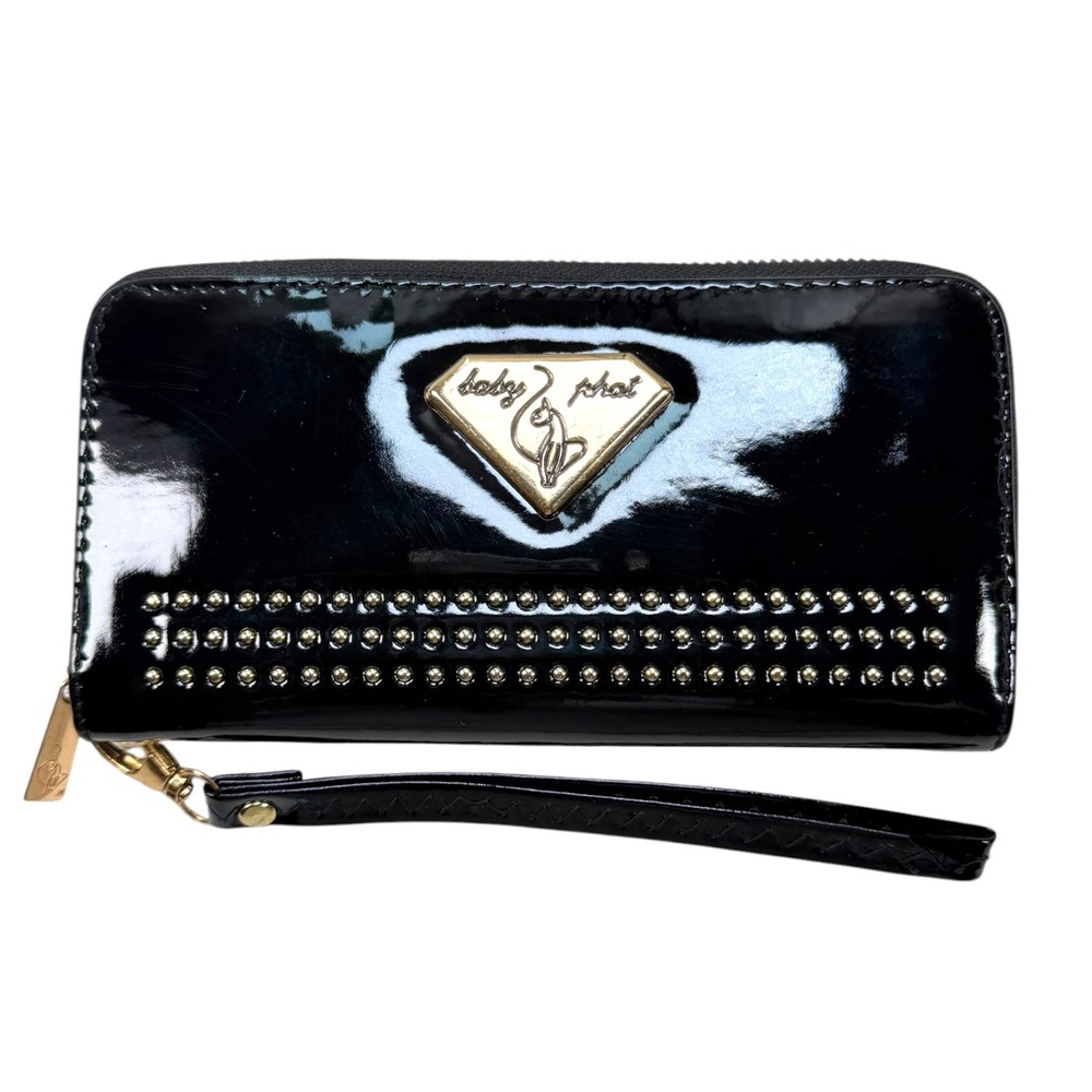 Vintage Baby Phat Wallet Women Black Patent Faux Leather Studded Y2K Wristlet